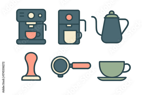 Set of essential coffee brewing equipment symbols including espresso machine, tamper, and portafilter