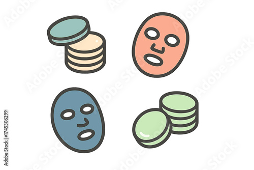 Colorful skincare icons set featuring facial masks and cosmetic cream jars for beauty routines