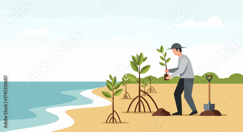 Man Planting Mangrove Saplings On Coastal Area For Environment Care