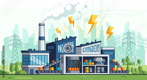 Modern Factory Landscape Power Energy Electricity Production Illustration