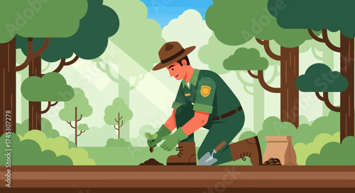 Park Ranger Planting Seedling In Forest Conservation Scene