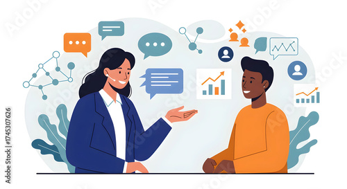 顧客中心主義と信頼関係構築：優れたカスタマーサービスのフラットデザインイラスト