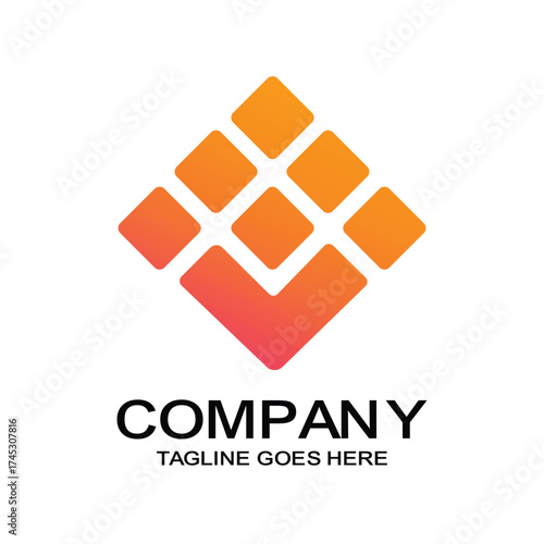 Abstract Letter V and M Mosaic Logo Design in Orange Gradient Squares