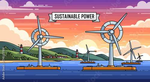 Scenic View Of Offshore Wind Turbines During Sunset