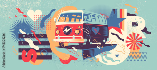 Abstraction with a colorful splashing shapes and a retro vehicle. Vector illustration.