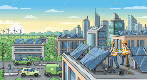 Sustainable Cityscape Workers Installing Solar Panels On Building Rooftop