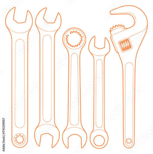 A Collection of Orange Outline Wrenches and Adjustable Wrench on White Background