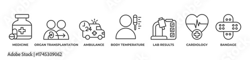 Medicine, Healing, and Heart Care Icons set vector illustration outline with Medicine, Organ transplantation, Ambulance, Body temperature, Lab results, Cardiology, Bandage