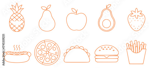 A collection of simple orange line art icons representing various fruits and fast food items