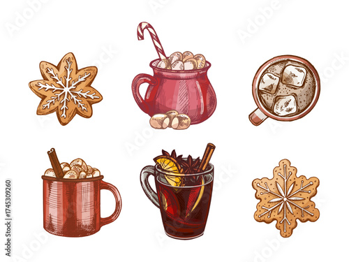 Hand drawn vintage sketch of winter drinks and ginger cookies with cocoa and mulled wine in color and monochrome version