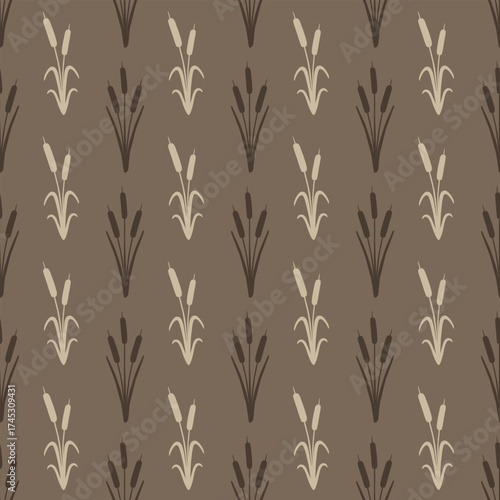 Seamless pattern of stylized cattails and reeds on a brown background