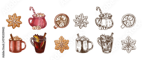 Hand drawn vintage sketch of Christmas drinks and ginger cookies with cocoa and mulled wine in color and monochrome version