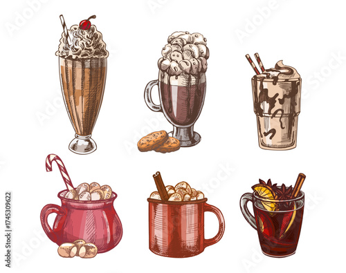 Hand drawn vintage sketch of milkshakes, cocoa and mulled wine drinks with whipped cream in color and monochrome version