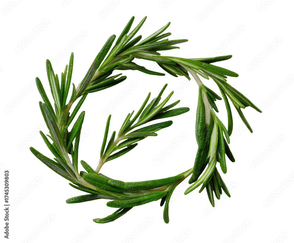 Fototapeta premium Close-up of fresh, vibrant green rosemary sprigs arranged in a delicate circular pattern on black