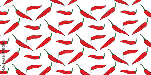 Vibrant seamless pattern with red chili peppers, offering a spicy and energetic backdrop for culinary themes, textile designs, and creative projects
