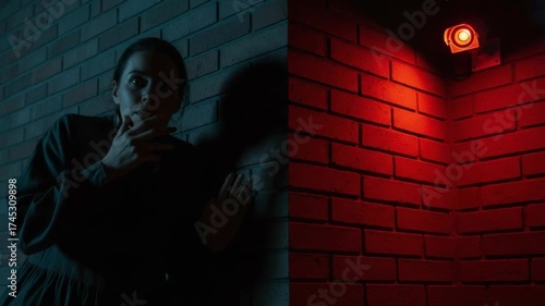 Frightened woman next to brick wall under security camera with an apprehensive gaze. Frightened woman stands in shadows, near brick wall corner and ominous red light.