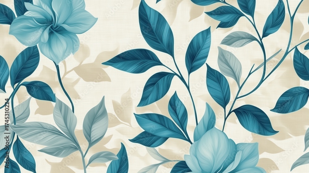 Fototapeta premium Floral Pattern in Blue and Cream