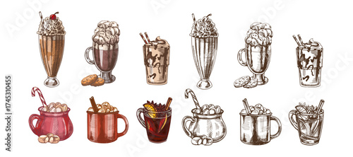 Hand drawn vintage sketch of milkshakes, cocoa and mulled wine drinks with cookies in color and monochrome version