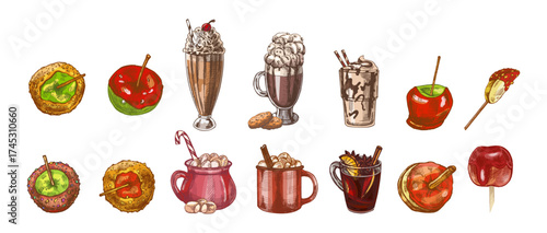 Hand drawn vintage sketch of milkshakes, cocoa and candied apples with mulled wine in color and monochrome version