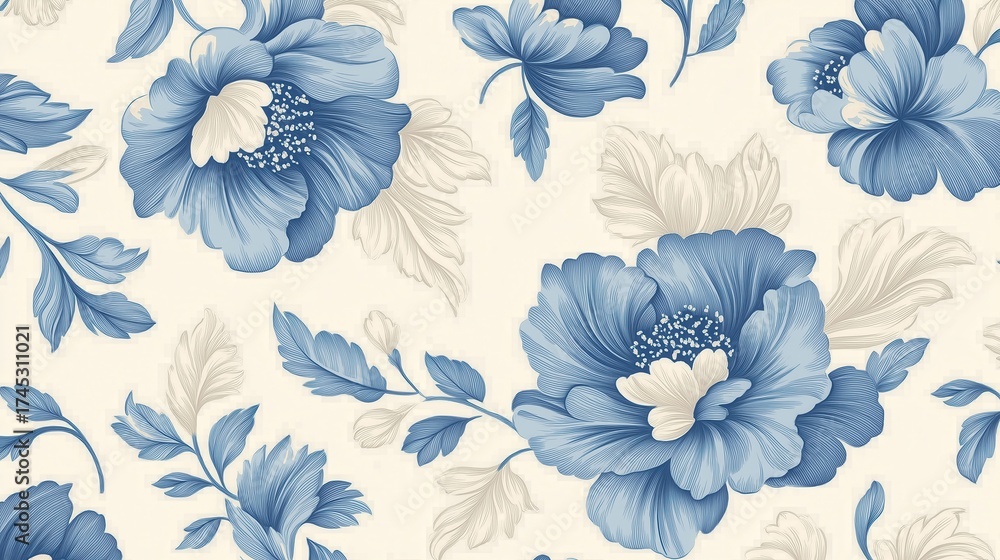 Fototapeta premium Blue floral pattern on cream background