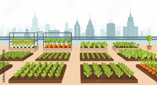 Urban Rooftop Garden With Fresh Vegetables And City Skyline View