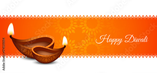 Happy Diwali Festival Greeting Background with Glowing Diyas and Candle Lamps, Warm Orange Decorative Lights, Elegant Indian Celebration Design for Holiday Card or Festive Poster