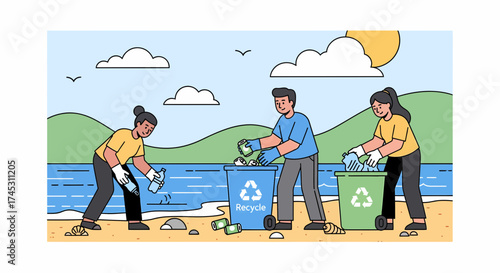 Volunteers Collecting Trash On Beach For Marine Environment Protection