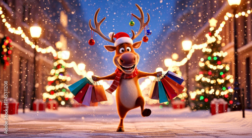 Festive Reindeer Joy: Holiday Shopping Adventure on a Snowy Night