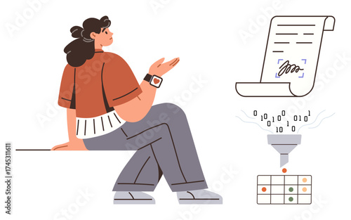 Woman gesturing while seated alongside digital contract, binary code funnel, and analysis grid. Ideal for technology, data processing, digital transformation, education, AI, programming and workflow