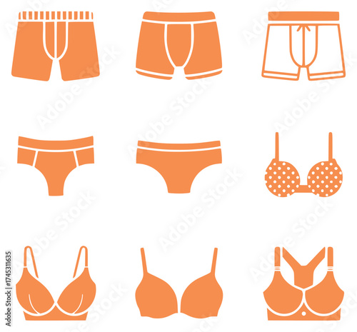Collection of Orange Underwear Icons Boxers, Briefs, and Bras