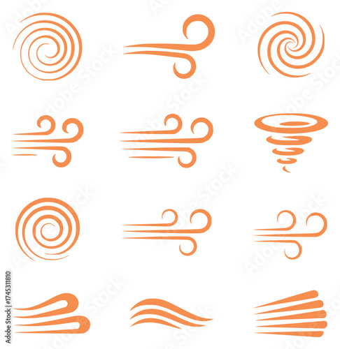 Collection of Orange Wind and Swirl Icons on White Background