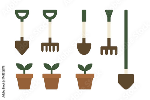 Set of gardening tools and potted seedlings icons for spring planting activities