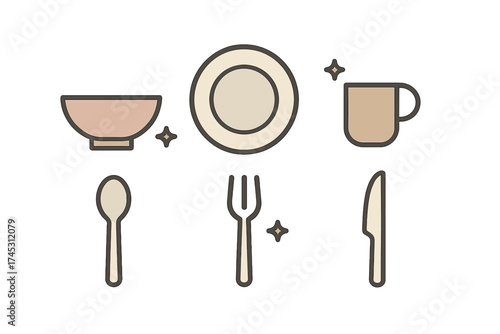Set of clean dishware icons including bowl plate cup spoon fork and knife