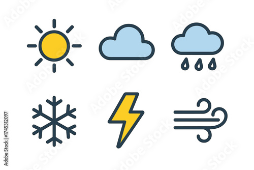 Colorful weather forecast symbols showing sun, cloud, rain, snow, lightning, and wind conditions