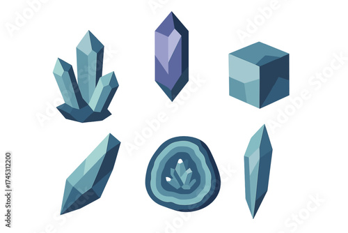Collection of stylized geometric mineral crystals and gemstones in cool blue and purple tones