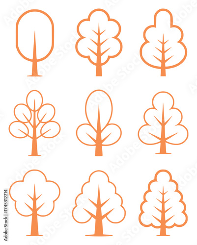 Collection of Stylized Orange Tree Icons on White Background