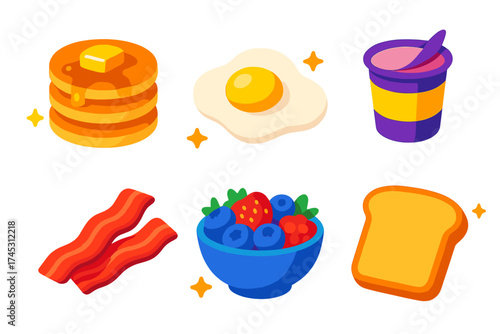 Set of breakfast food icons featuring pancakes, fried egg, bacon, toast, yogurt, and fresh berries