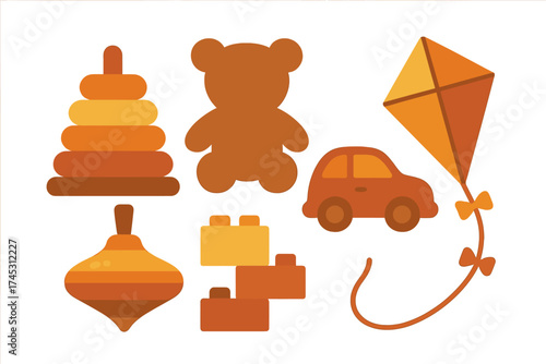 Assortment of classic children's play objects including teddy bear, stacking rings, toy car, and kite