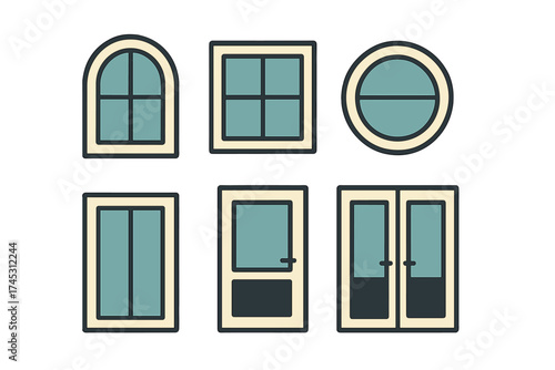 Assortment of architectural windows and doors in a modern flat design style