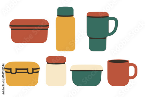 Colorful reusable containers for food and drink storage during travel or office lunch