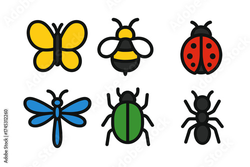 Six colorful cartoon insect and bug icons featuring butterfly bee ladybug dragonfly beetle and ant