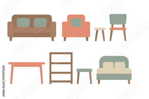 Set of modern minimalist furniture icons: sofa, armchair, bed, and tables for home decor