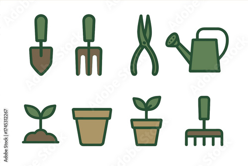 Essential gardening tools and planting icons for horticulture and farming concepts