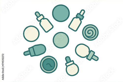 Symmetrical pattern of minimalist cosmetic packaging icons featuring dropper bottles and cream jars