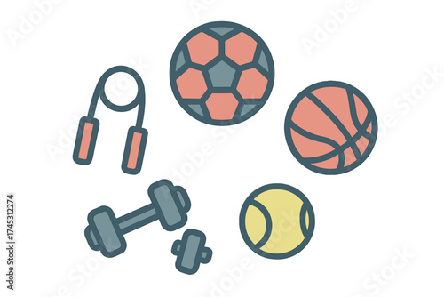 Assortment of sports gear and fitness accessories including balls and weights
