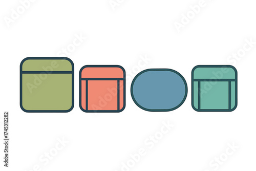Abstract geometric shapes in a row including rounded rectangles and an oval
