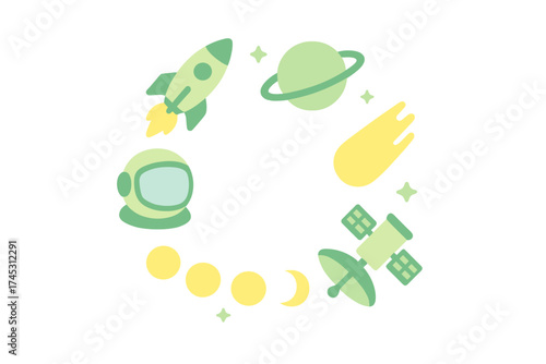 Space exploration icons arranged in a circular path with celestial objects