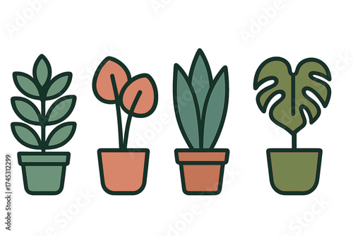 Four stylized potted house plants icons featuring simple geometric shapes