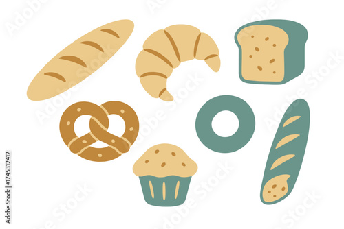 Assortment of baked goods icons including bread, croissant, pretzel, and muffin