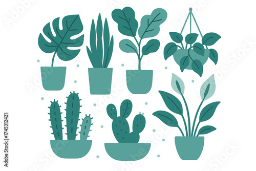 Stylized potted houseplants and cacti in cohesive teal color palette